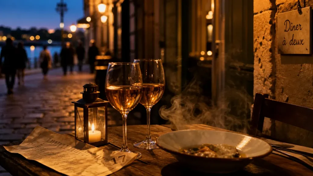 Restaurant romantique orléans : dîner à deux, bougie et verres à vin à la golden hour