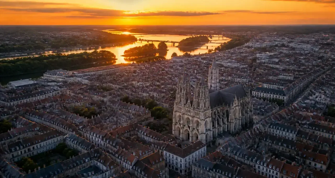 Vue aérienne d'Orléans et de la Loire au crépuscule