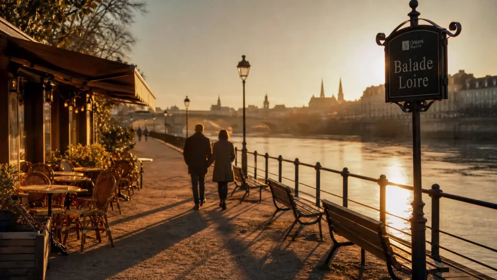 Balade bord de loire orléans : sentier sur les quais réaménagés au coucher du soleil