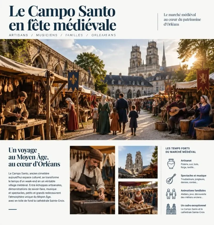 Marché médiéval Orléans 2026 au Campo Santo avec échoppes et animations