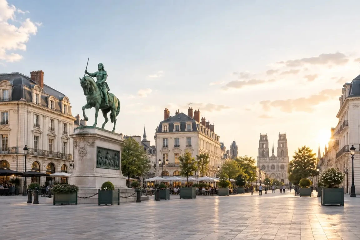 Place du Martroi à Orléans avec ses restaurants et ses terrasses
