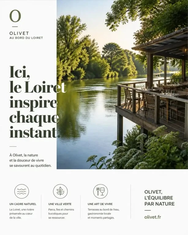 Terrasse de restaurant au bord du Loiret à Olivet, cadre idéal pour un repas en plein air près d'Orléans.
