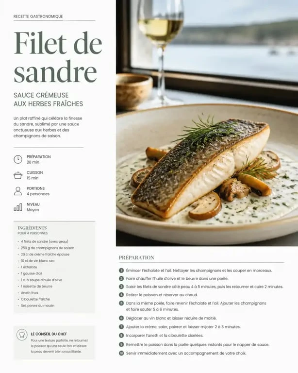 Filet de sandre à la crème d'herbes, une spécialité culinaire à déguster dans un restaurant au bord du Loiret à Orléans.