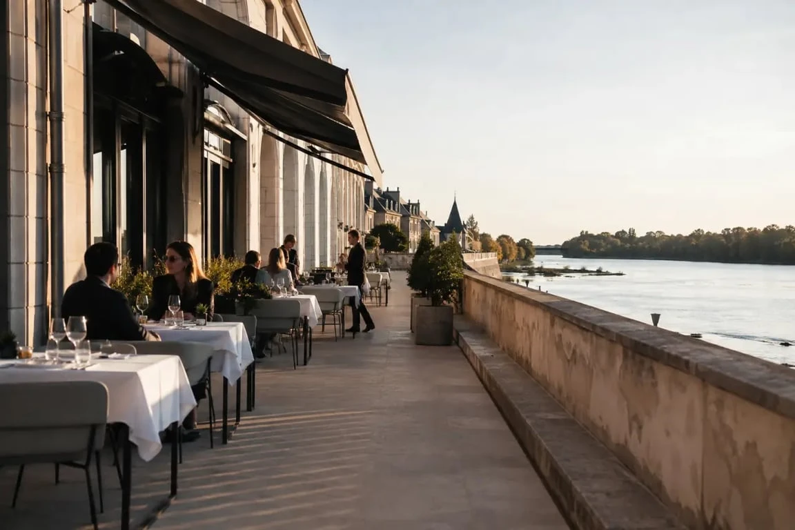 Restaurant terrasse Orléans au bord de la Loire, tables en extérieur et ambiance élégante