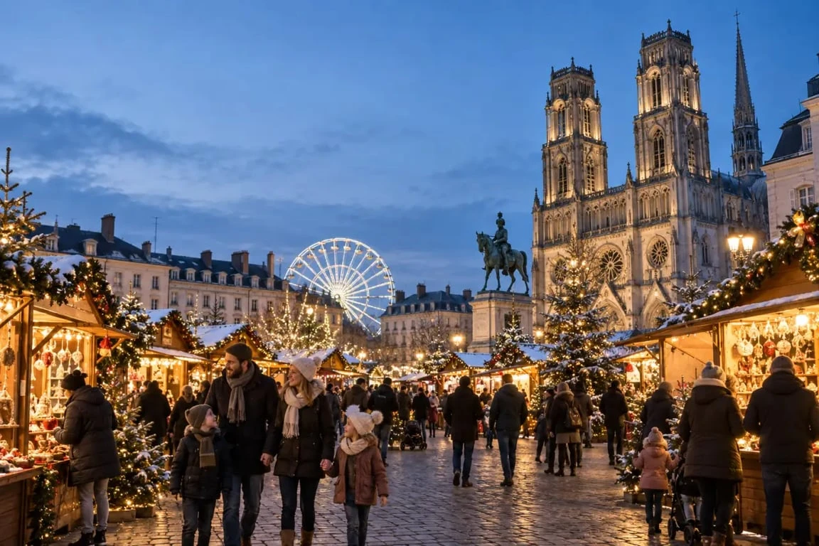 Marché de Noël d’Orléans illuminé avec chalets et grande roue