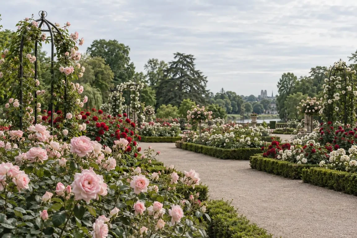 Roseraie du Jardin des Plantes d'Orléans avec ses nombreux rosiers en floraison