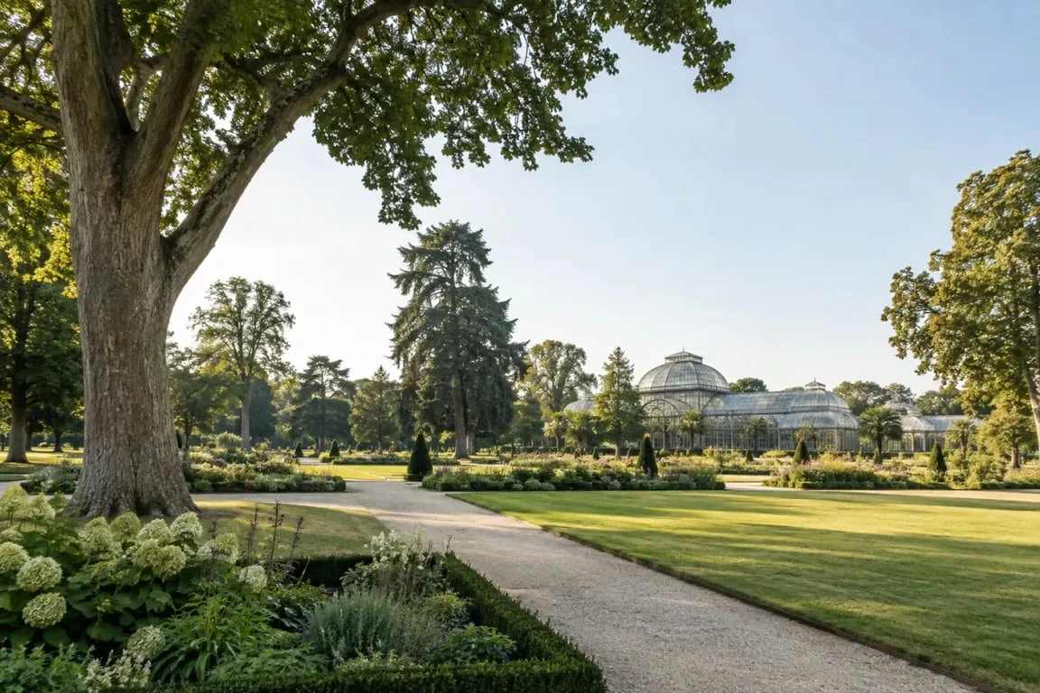 Vue d'ensemble du Jardin des Plantes d'Orléans avec ses allées, ses arbres et ses serres