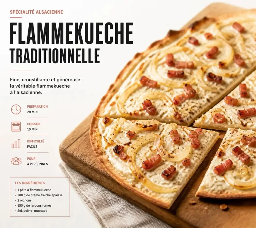 Restaurant flammekueche Orléans : tarte flambée alsacienne traditionnelle avec crème, oignons et lardons