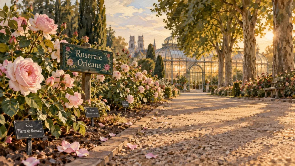 Jardin des plantes orléans : allée de rosiers en fleurs et serre