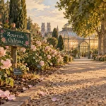 Jardin des plantes orléans : allée de rosiers en fleurs et serre