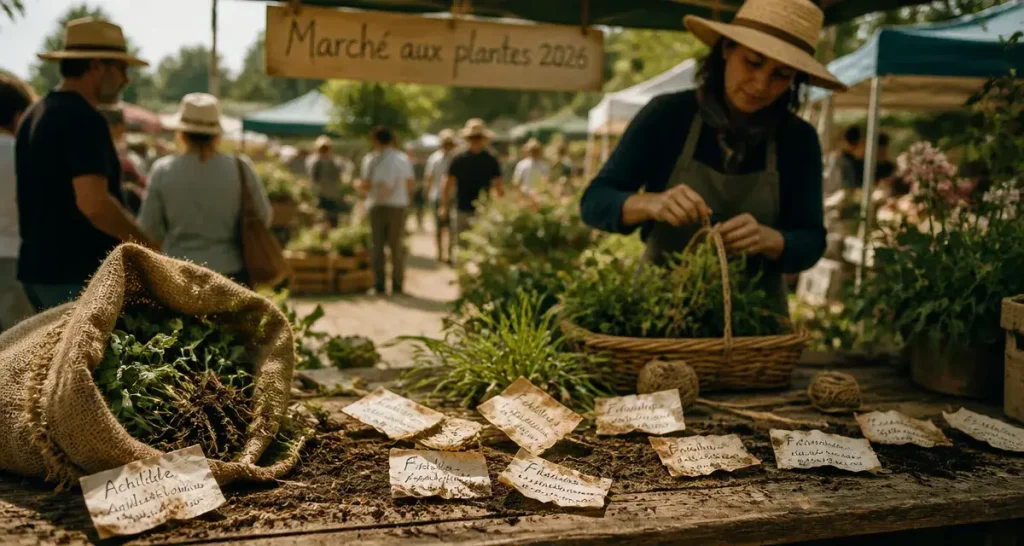 Marché aux plantes orléans 2026 : plants et terreau sur un stand