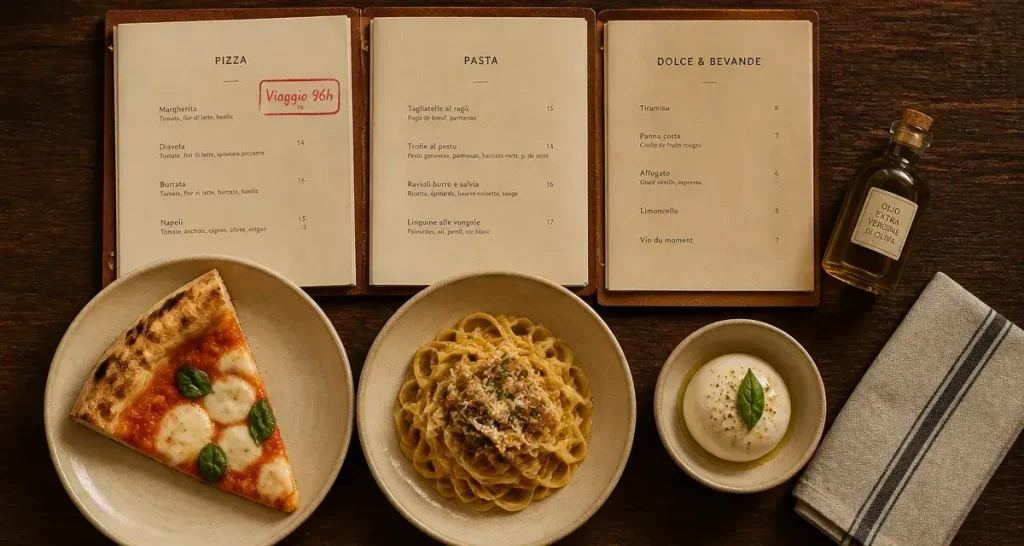 Nouveau restaurant italien Orléans : pizza et pâtes sur table en bois