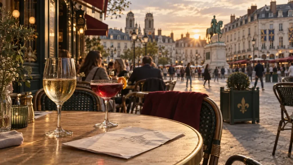 Place du Martroi Orléans restaurant, table en terrasse et vue des façades