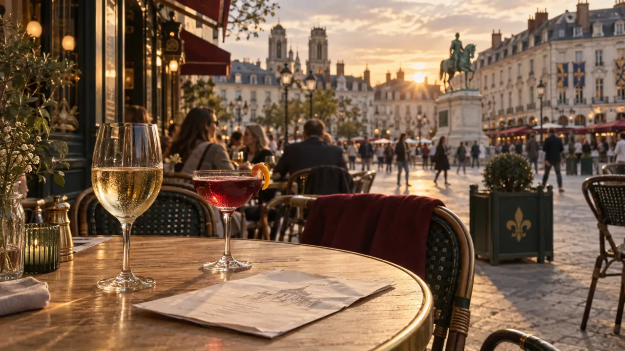 Place du Martroi Orléans restaurant, table en terrasse et vue des façades