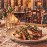 Restaurant gric orléans : table terroir de saison, assiettes de cuisine française et vin rouge