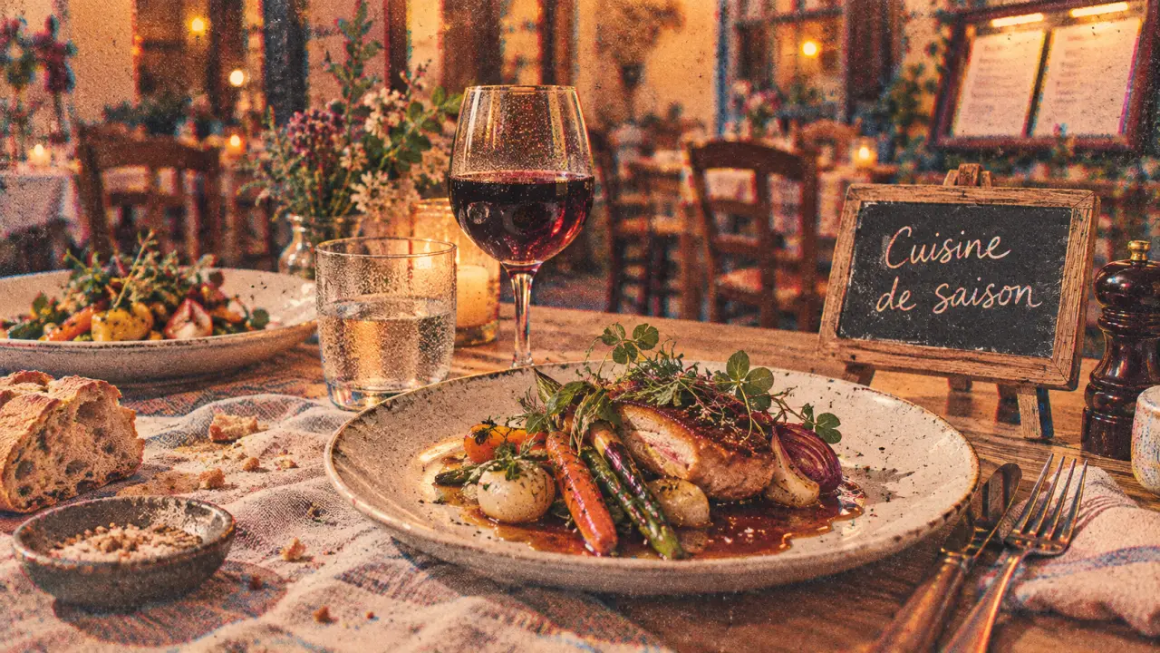 Restaurant gric orléans : table terroir de saison, assiettes de cuisine française et vin rouge