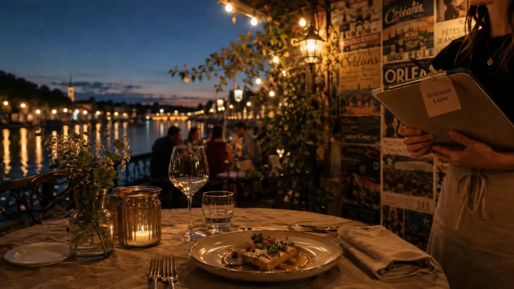Restaurant terrasse orléans sur les quais de la Loire, vue au bord de l’eau