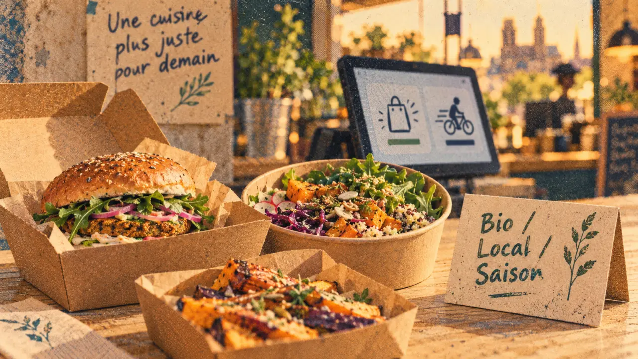 Restaurant bio Orléans : burger bio et salade quinoa sur table kraft, Bio Local Saison
