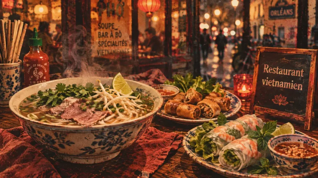 Restaurant vietnamien Orléans : bol de phở et nems